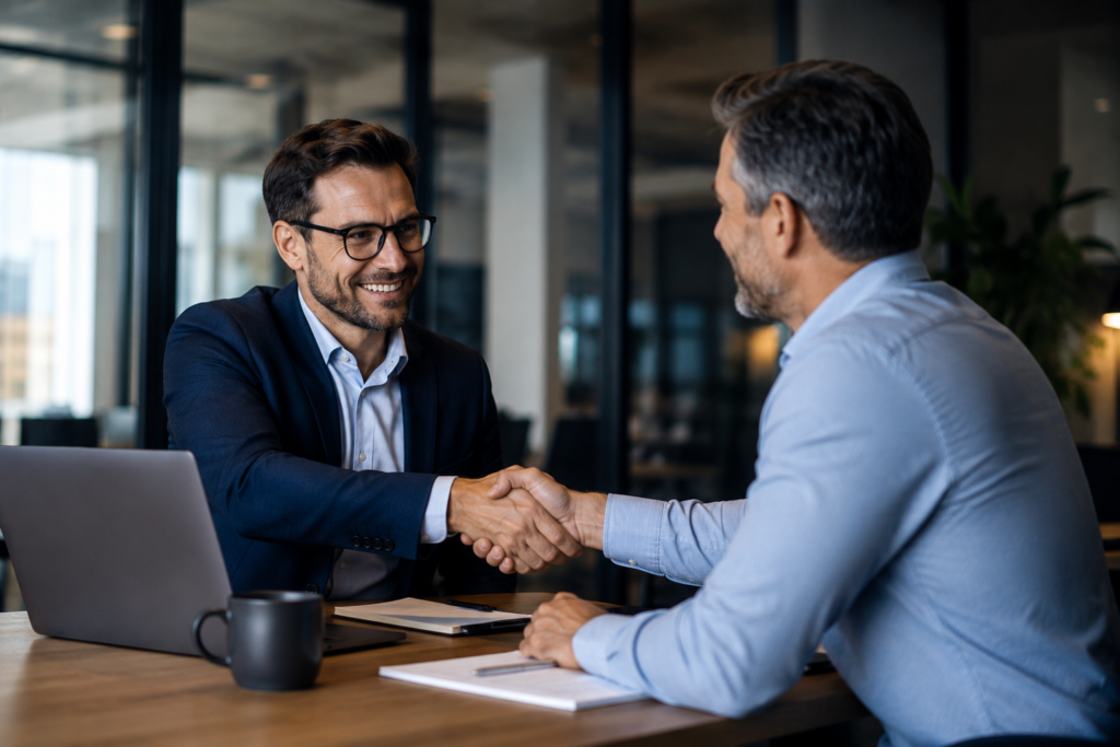 Two business professionals shaking hands after a successful B2B lead generation deal