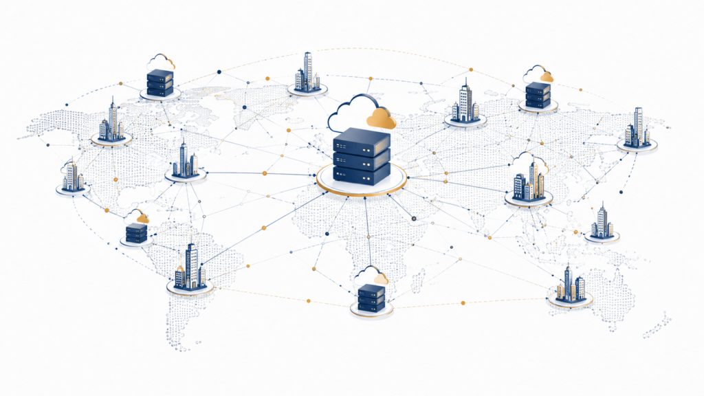 Abstract illustration representing global cloud computing infrastructure and companies using AWS