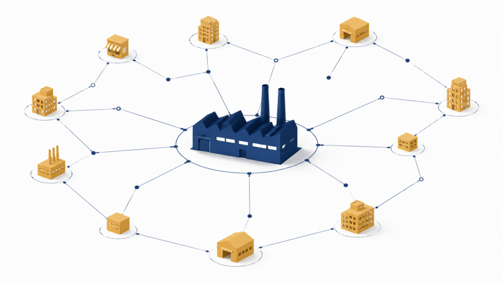 Abstract illustration representing manufacturing and industrial companies connected through AWS cloud infrastructure