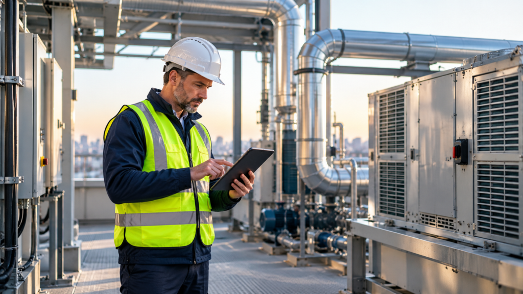 Facilities manager reviewing building maintenance data on a tablet inside a commercial plant room