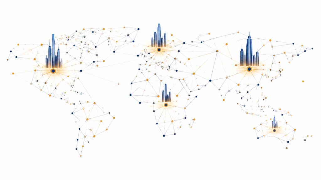 Abstract world map illustration representing global Fortune 500 enterprise adoption of Salesforce
